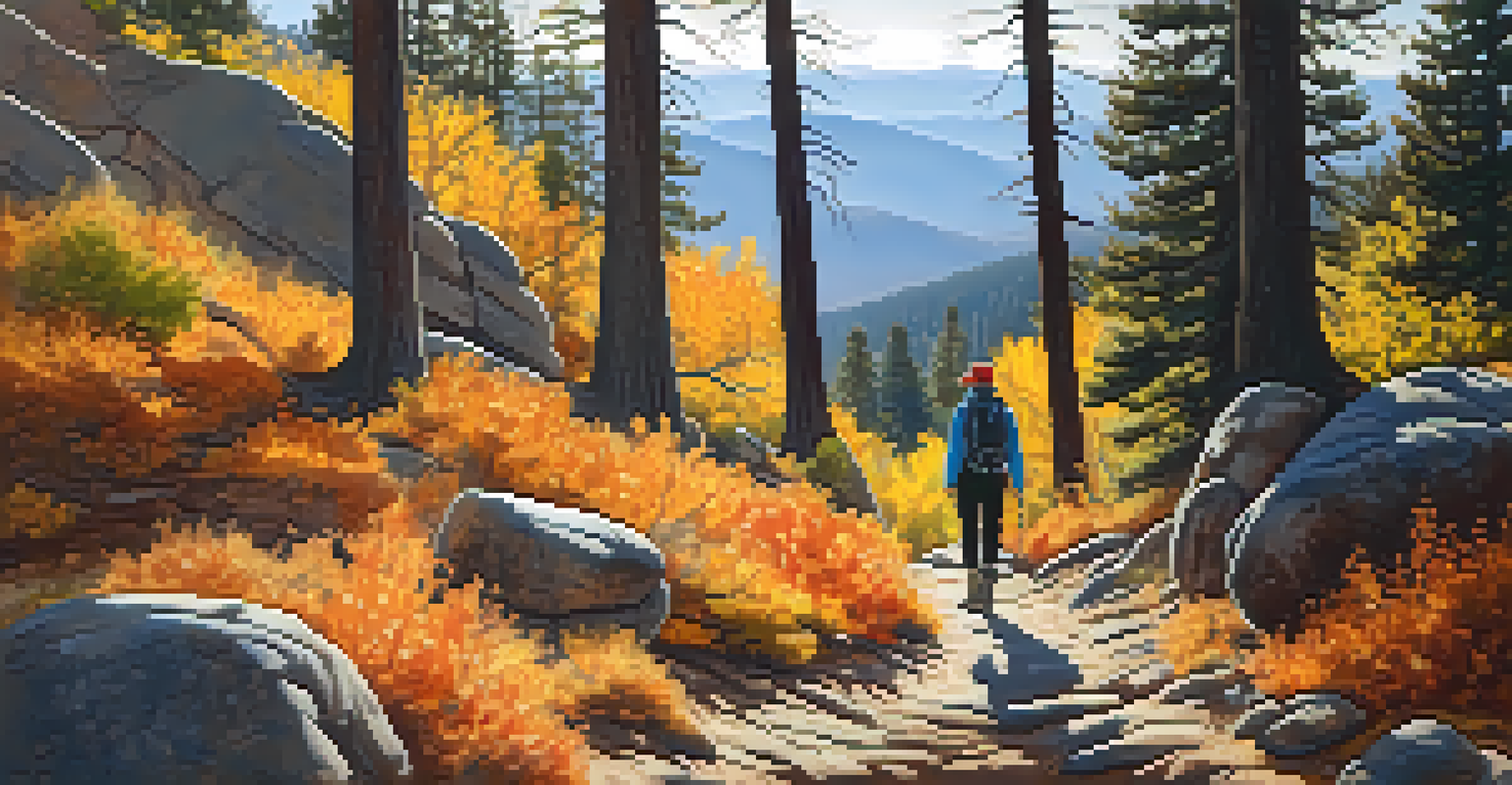 A hiker on a rocky trail in Big Bear during autumn, surrounded by trees with colorful leaves and a partly cloudy sky.