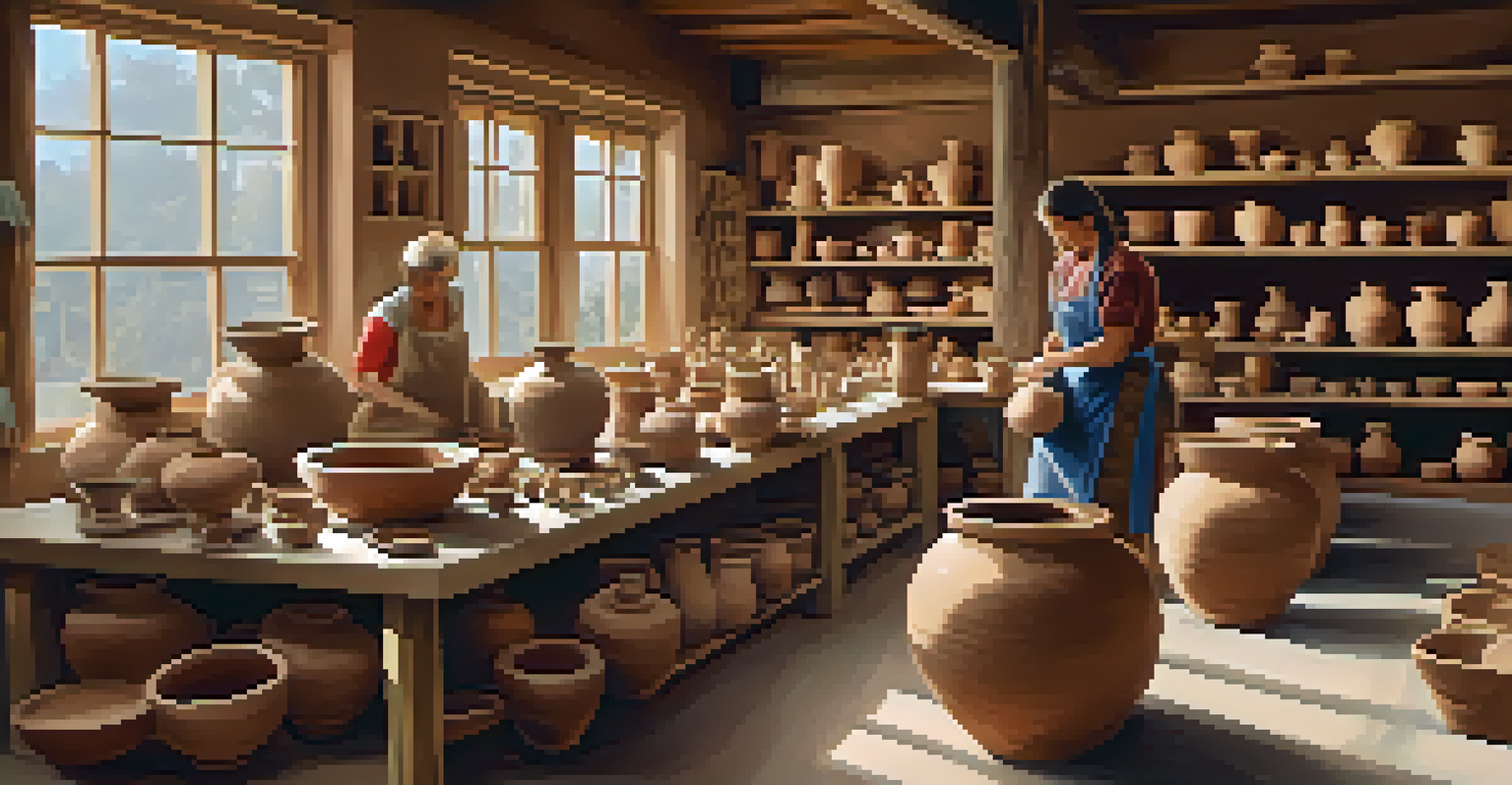 An indoor pottery workshop with participants shaping clay at pottery wheels, surrounded by finished pottery and natural light.