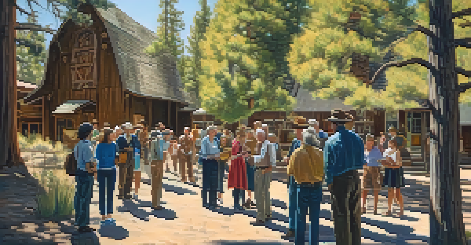 A group of visitors on a guided tour at the Big Bear Historical Society, engaged with historical markers and exhibits.