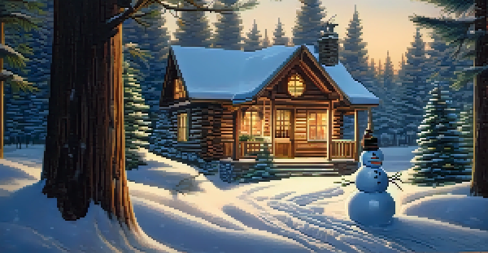 A charming cabin in the snowy landscape of Big Bear, illuminated with warm light, featuring a snowman in the yard.