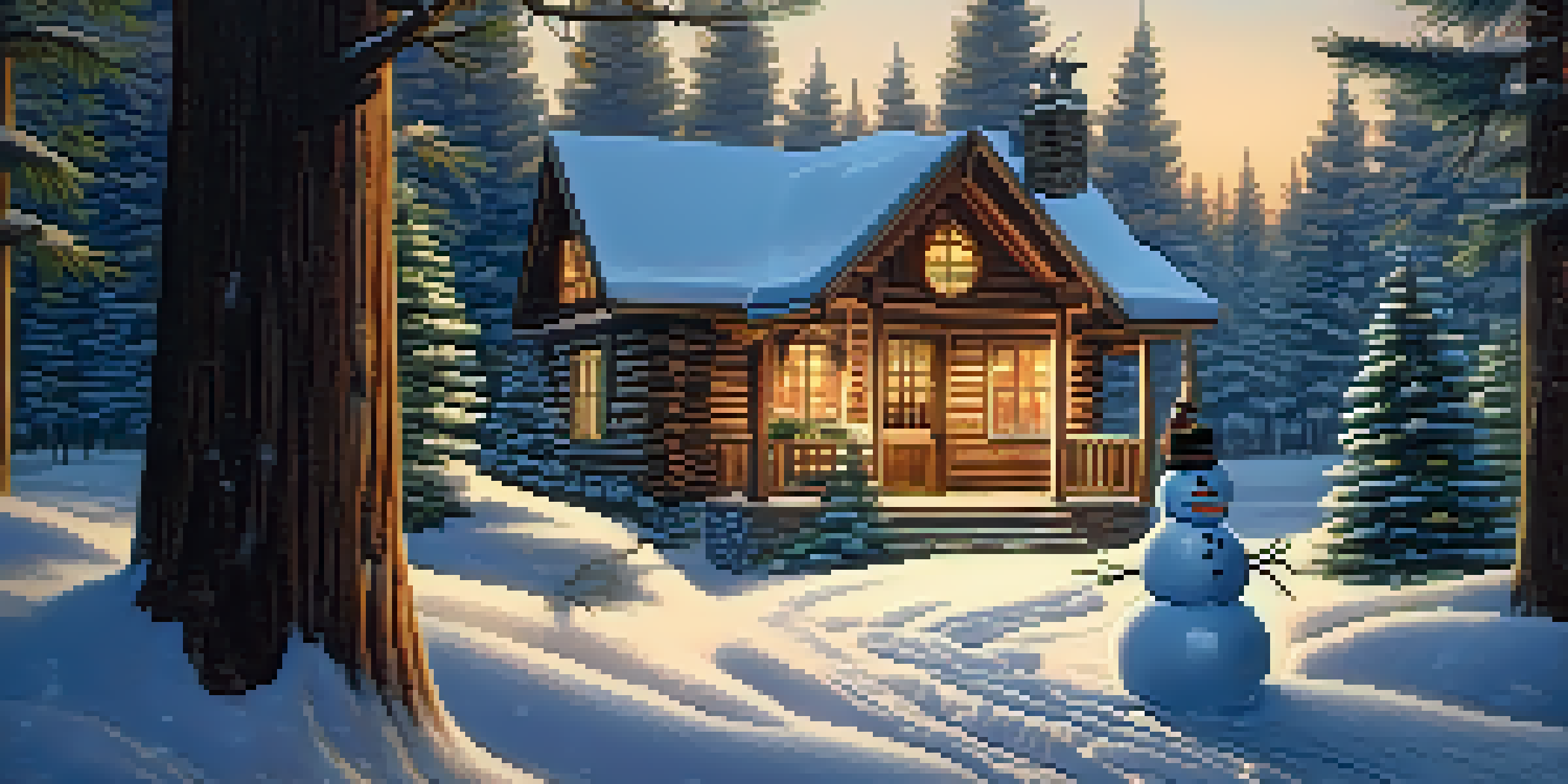 A charming cabin in the snowy landscape of Big Bear, illuminated with warm light, featuring a snowman in the yard.