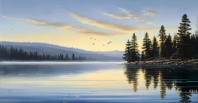 A peaceful morning view of Big Bear Lake with pine trees and a mist over the water, illuminated by golden sunrise light.