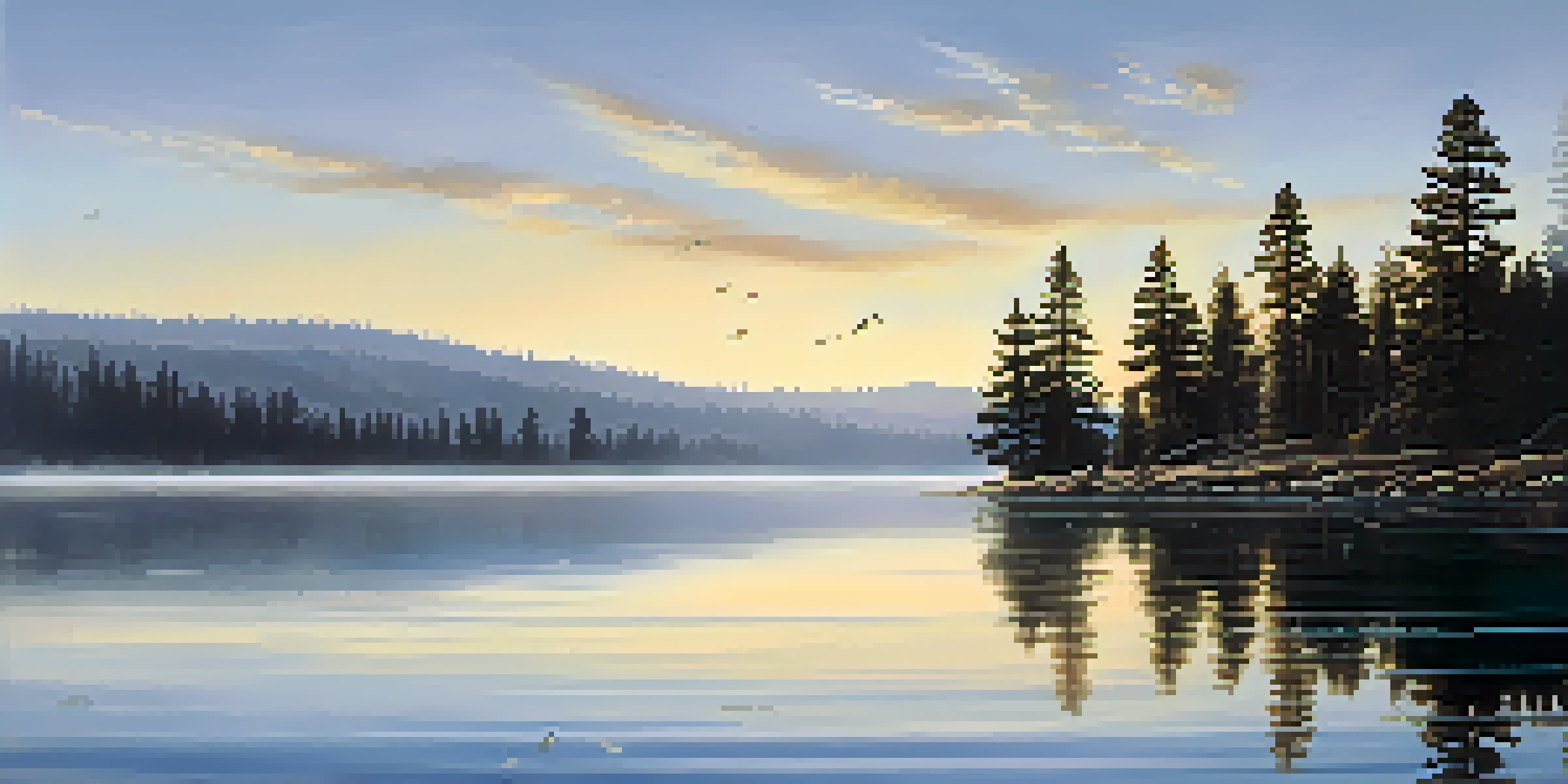 A peaceful morning view of Big Bear Lake with pine trees and a mist over the water, illuminated by golden sunrise light.