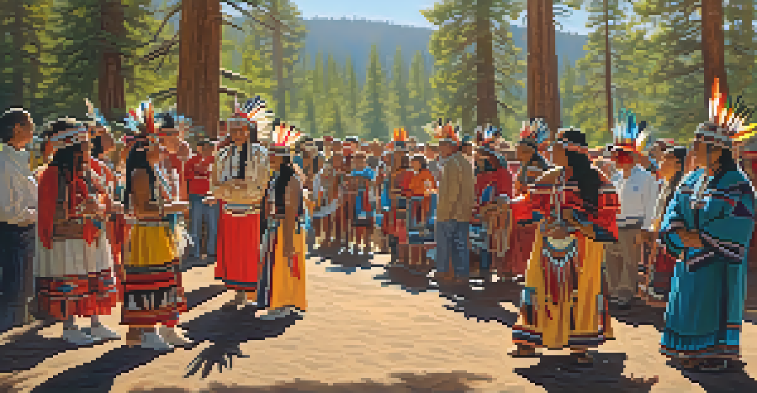A lively cultural event in Big Bear with participants dancing in traditional attire amidst a forest backdrop.
