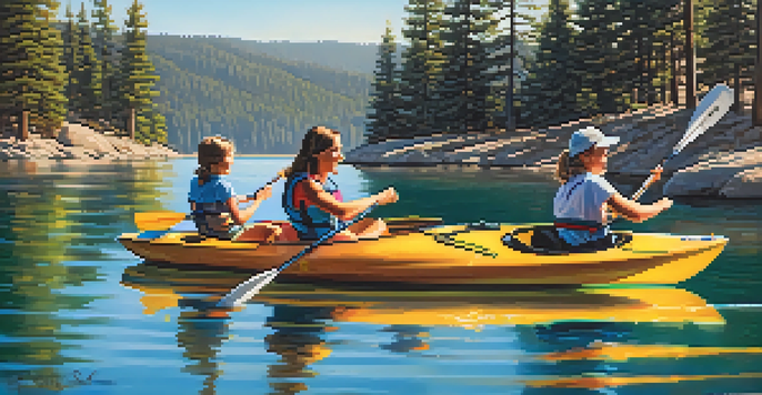 A family of four kayaking on Big Bear Lake surrounded by trees and a clear blue sky.