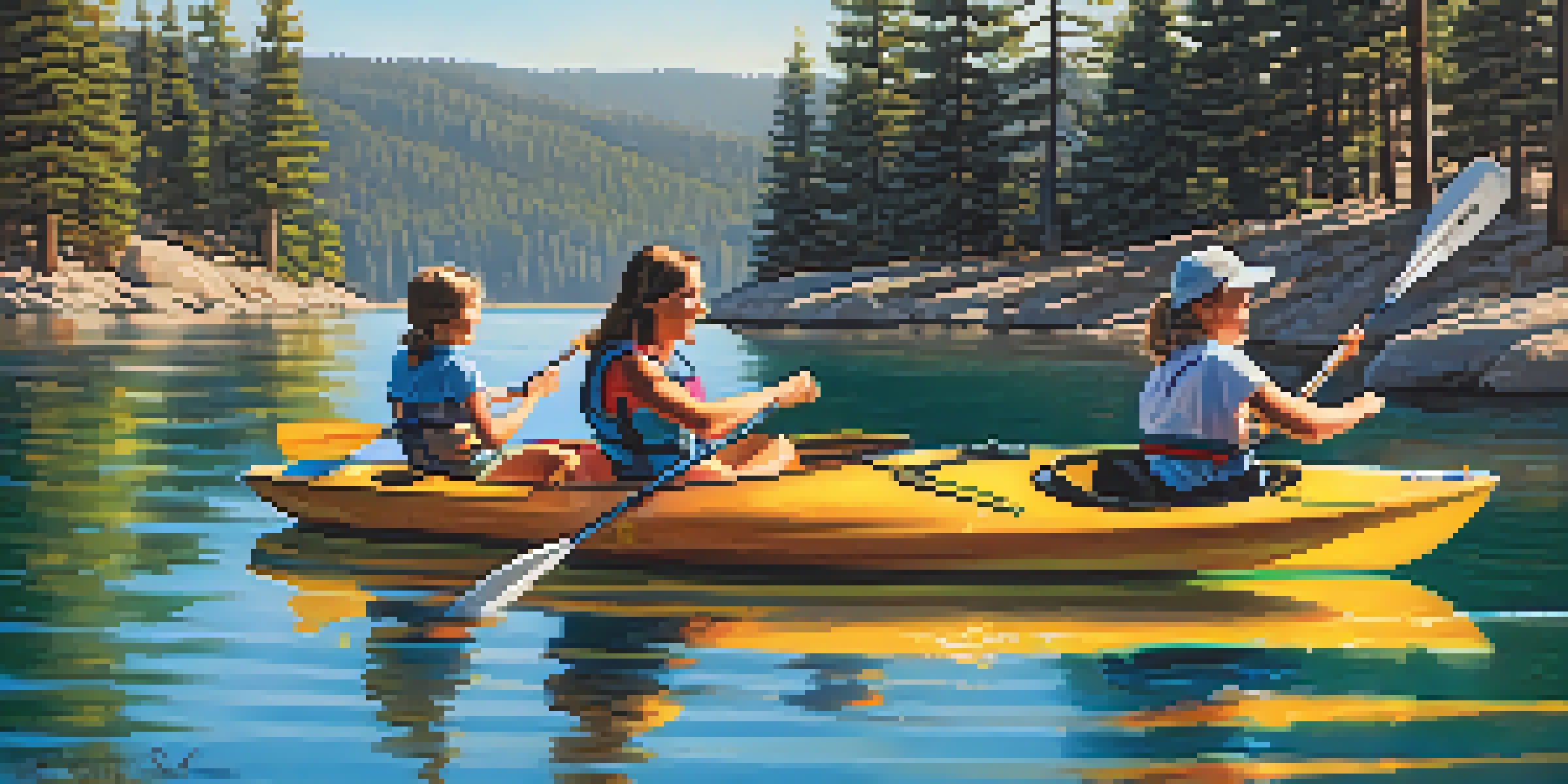 A family of four kayaking on Big Bear Lake surrounded by trees and a clear blue sky.
