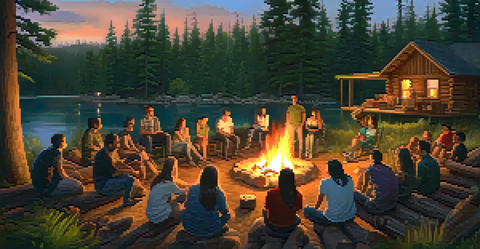 A cozy campfire gathering with people sharing stories in a forest setting, highlighting camaraderie and warmth.