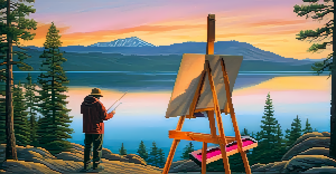 An artist painting at Big Bear Lake during sunset, with colorful reflections on the water and mountains in the background.