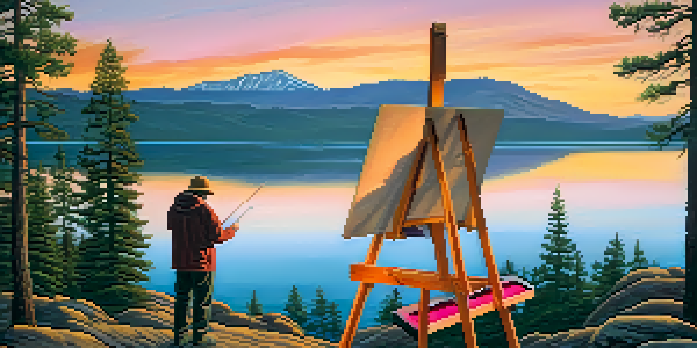 An artist painting at Big Bear Lake during sunset, with colorful reflections on the water and mountains in the background.