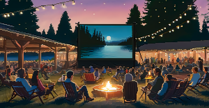 A cozy outdoor film festival scene with a large screen, people seated on blankets, surrounded by trees and fairy lights at twilight.