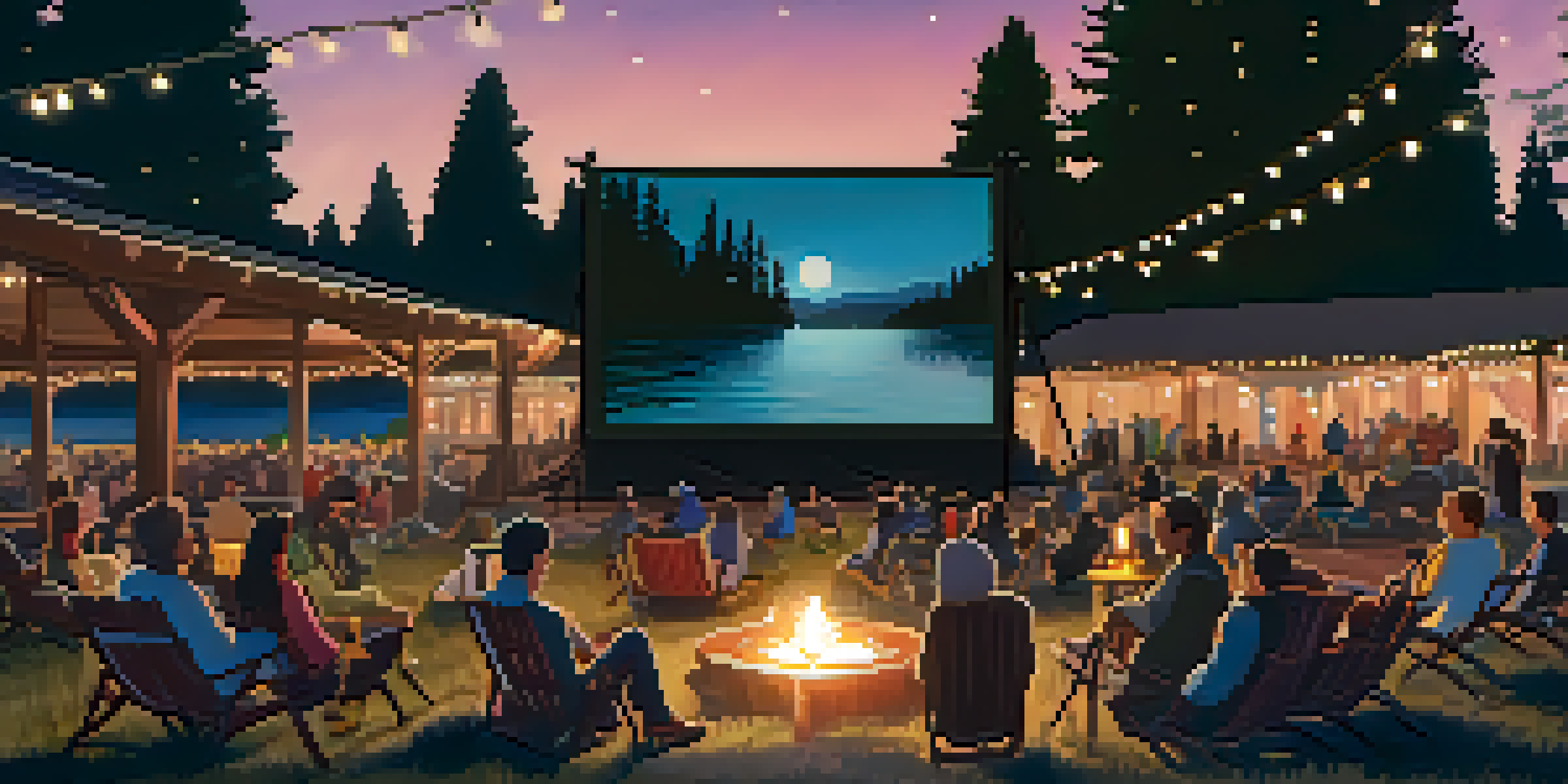 A cozy outdoor film festival scene with a large screen, people seated on blankets, surrounded by trees and fairy lights at twilight.