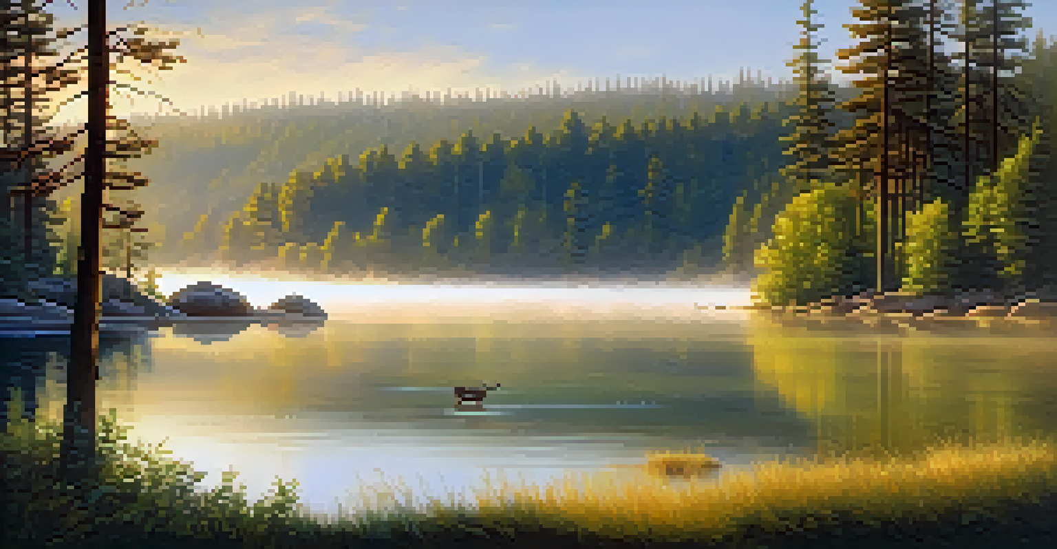 A peaceful morning at Big Bear Lake with a deer grazing by the water and mist rising from the lake, surrounded by green forests.