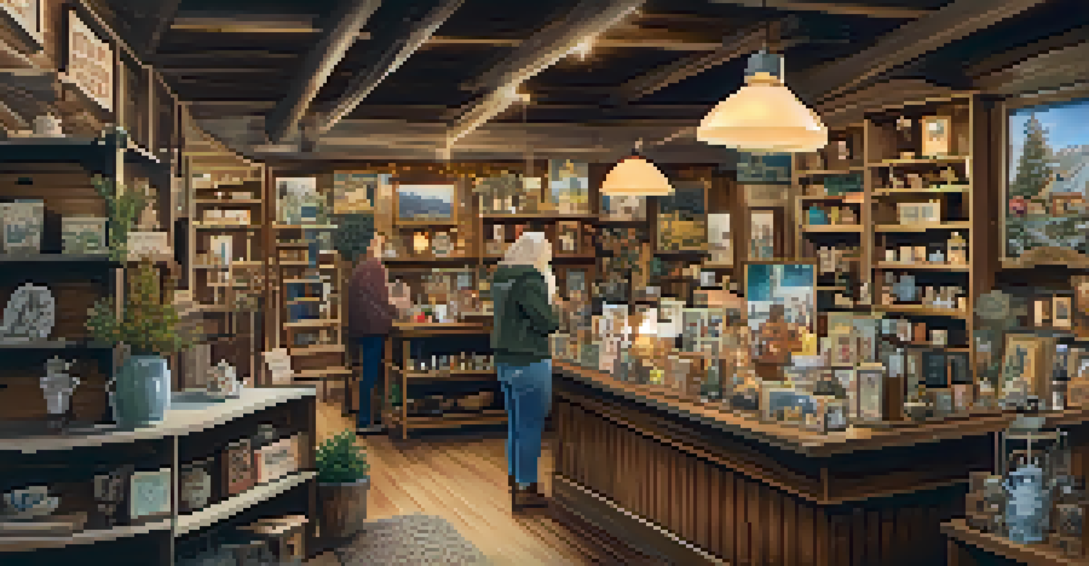 A quaint gift shop in Big Bear with vintage decorations and rustic home decor, warmly lit and filled with charming items.