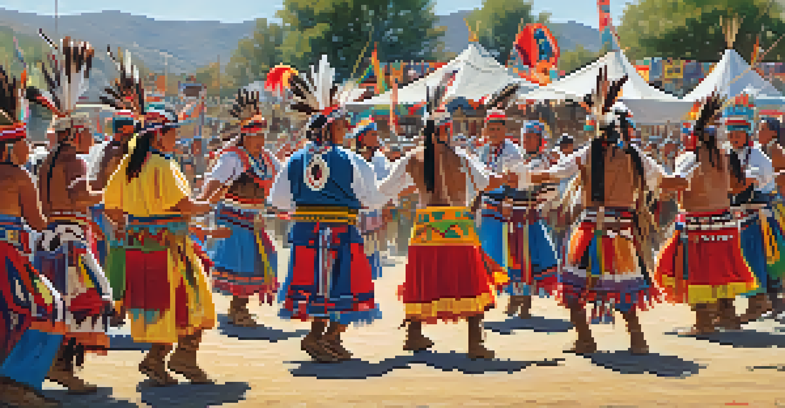 Members of the Serrano tribe dancing in traditional attire at a powwow, surrounded by spectators and colorful decorations.