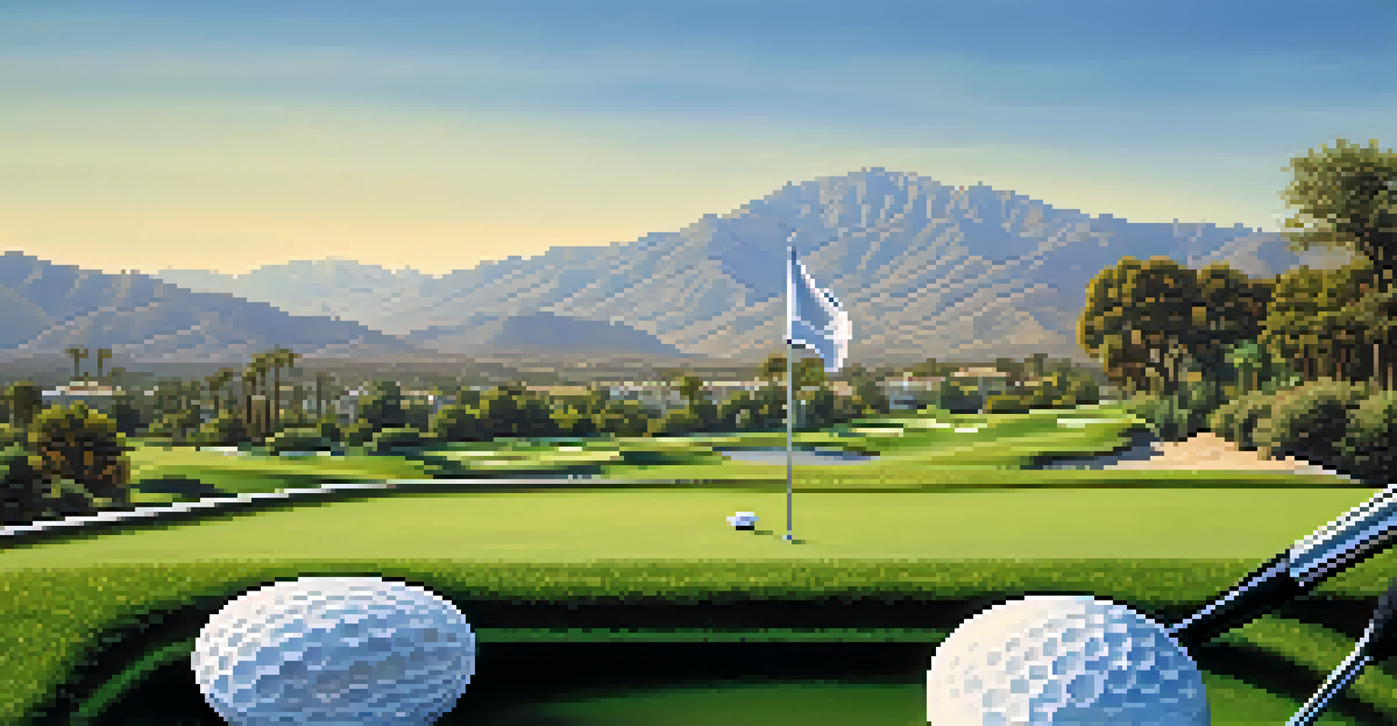 A golfer getting ready to tee off on an elevated course with mountains in the background.