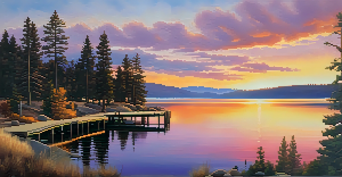 A peaceful sunset view over Big Bear Lake with mountains in the background and a dock extending into the water.