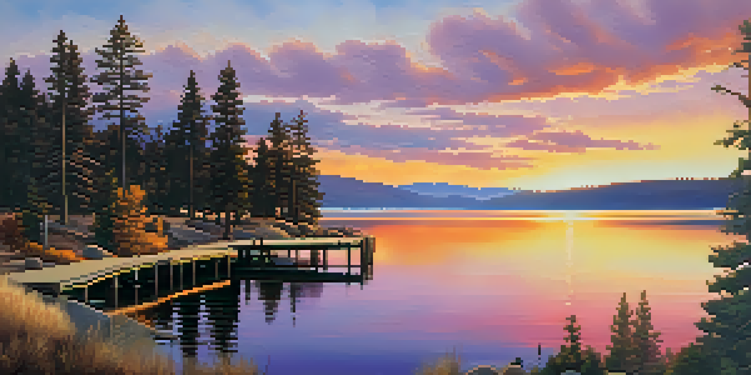 A peaceful sunset view over Big Bear Lake with mountains in the background and a dock extending into the water.