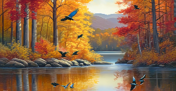 A picturesque autumn scene featuring migratory birds flying over a lake surrounded by colorful fall leaves.