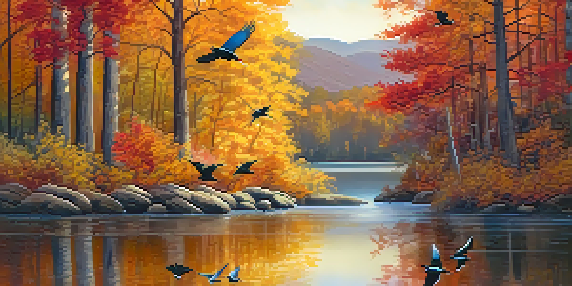 A picturesque autumn scene featuring migratory birds flying over a lake surrounded by colorful fall leaves.