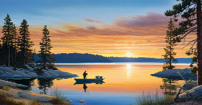 A fisherman stands on the shore of Big Bear Lake at sunrise, with colorful reflections in the water and surrounded by pine trees.