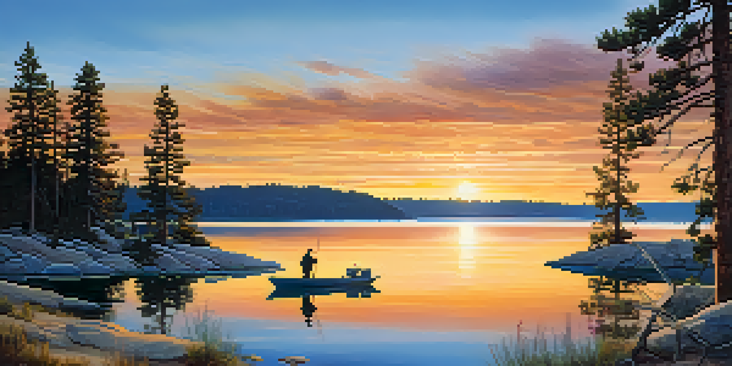 A fisherman stands on the shore of Big Bear Lake at sunrise, with colorful reflections in the water and surrounded by pine trees.