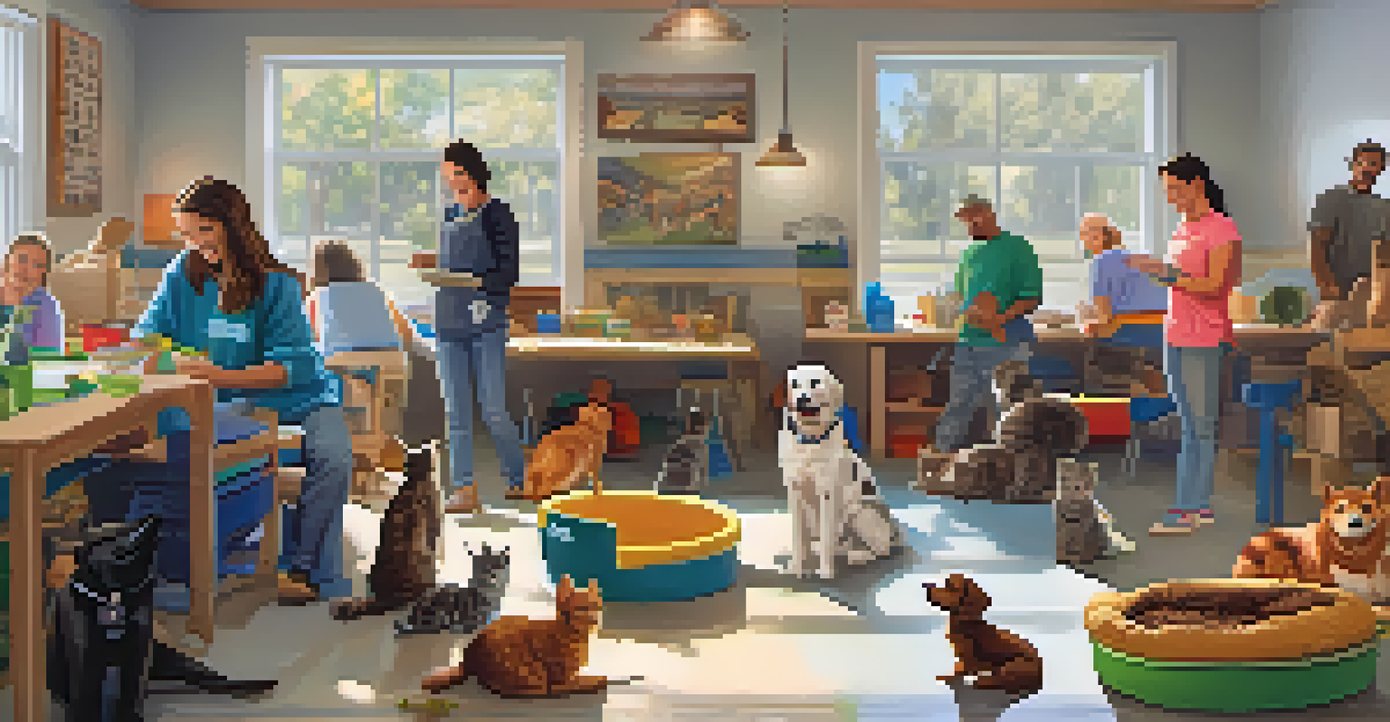 Volunteers at an animal shelter in Big Bear caring for cats and dogs in a bright and cheerful indoor environment.