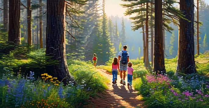 A family hiking on a scenic trail, surrounded by pine trees and wildflowers, with sunlight filtering through the leaves.