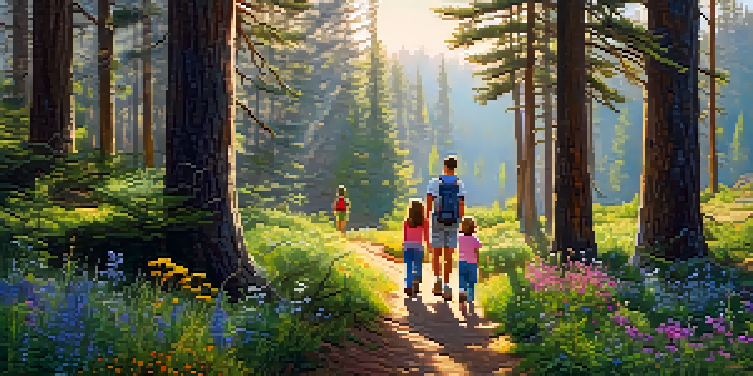 A family hiking on a scenic trail, surrounded by pine trees and wildflowers, with sunlight filtering through the leaves.
