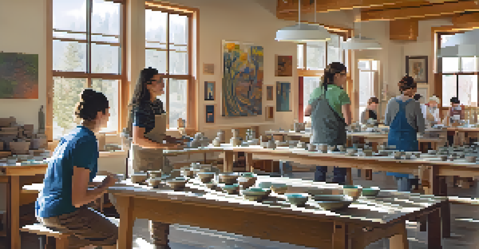 A lively art studio in Big Bear with adult students participating in a pottery class, showcasing creativity and collaboration.