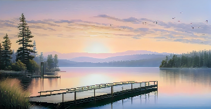 A peaceful view of Big Bear Lake at sunrise, with mist rising from the water and a wooden dock in the foreground surrounded by trees.