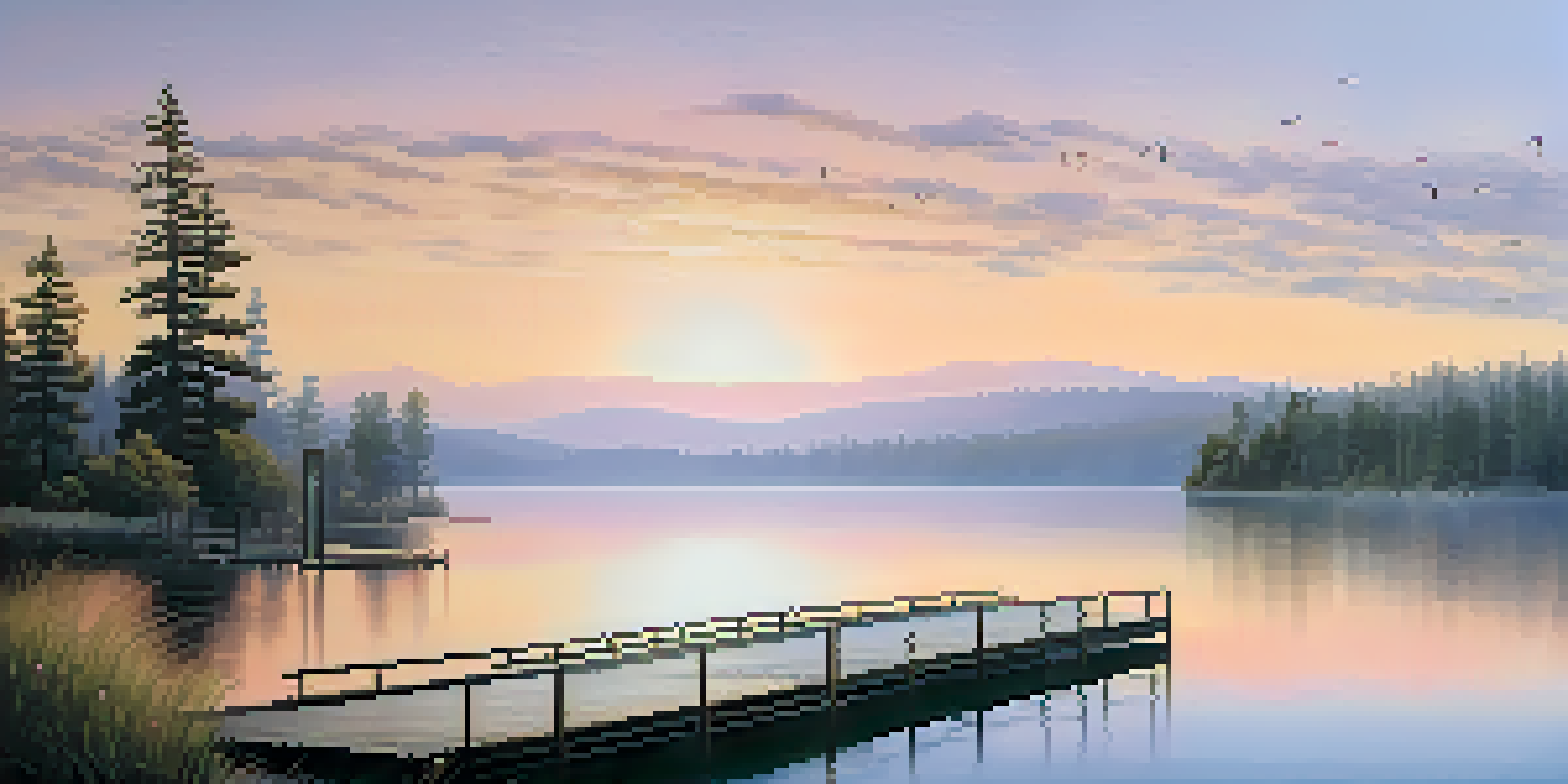 A peaceful view of Big Bear Lake at sunrise, with mist rising from the water and a wooden dock in the foreground surrounded by trees.