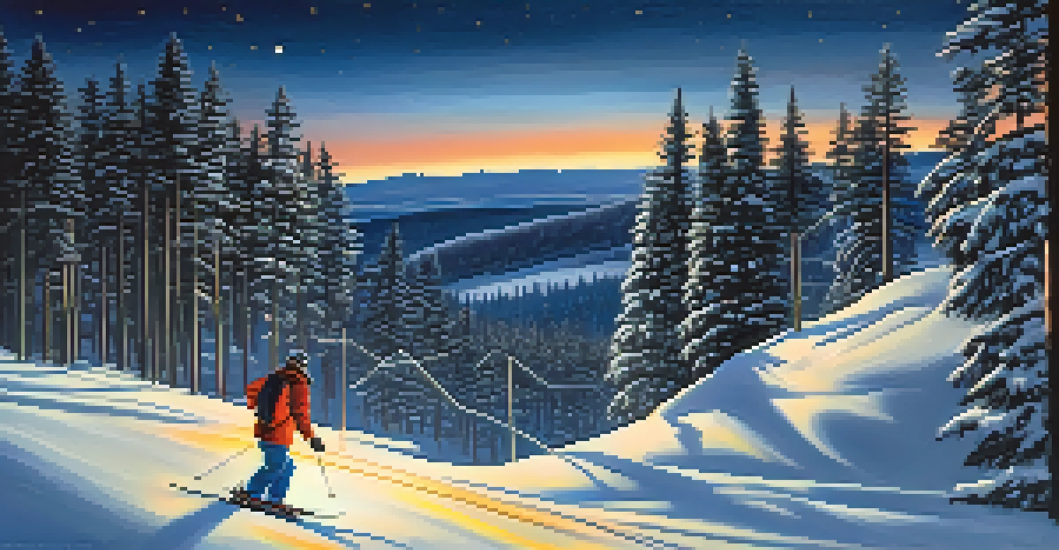A skier skiing down a snow-covered slope at night, surrounded by illuminated trees and a starry sky.