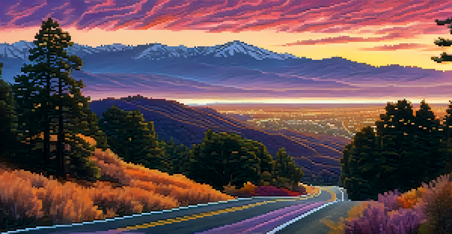 A stunning sunset view over Skyline Drive with colorful sky and mountain silhouettes.