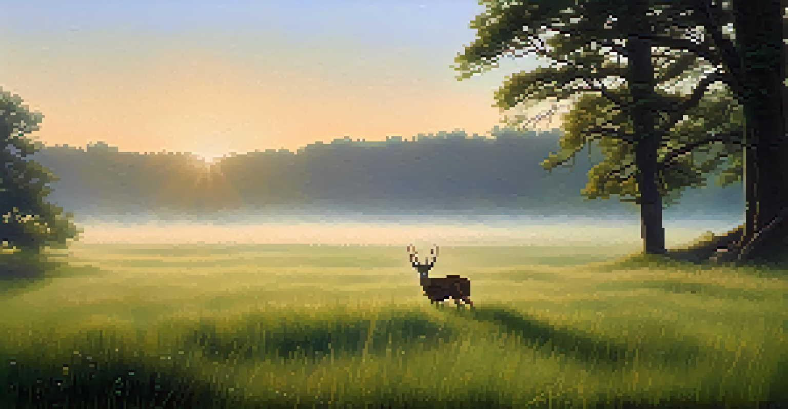 A serene image of a deer grazing in a green meadow at dawn, surrounded by mist and soft morning light, evoking a calm and tranquil feeling.