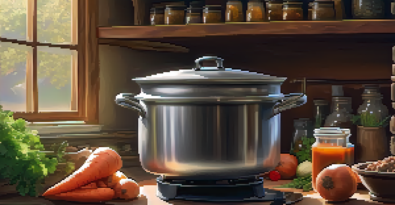 A bubbling pot of beef stew on a stove with fresh vegetables, in a warmly lit kitchen.