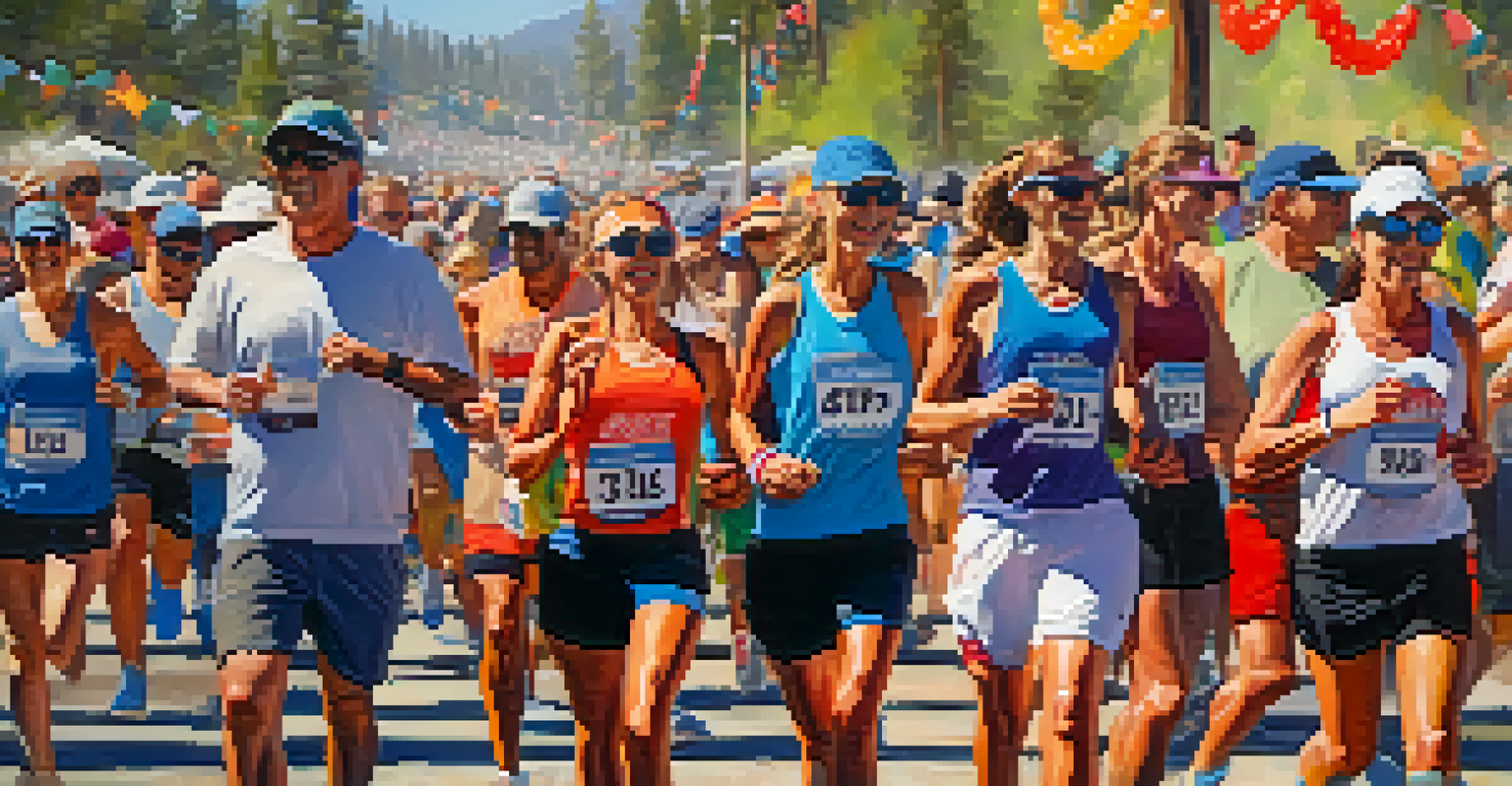 Post-race celebrations at the Big Bear Marathon with runners sharing stories and enjoying food and drinks.