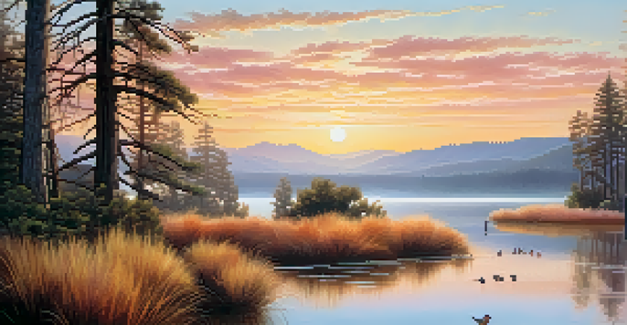 A peaceful view of Big Bear Lake at sunrise, featuring California Quails foraging in the grass.