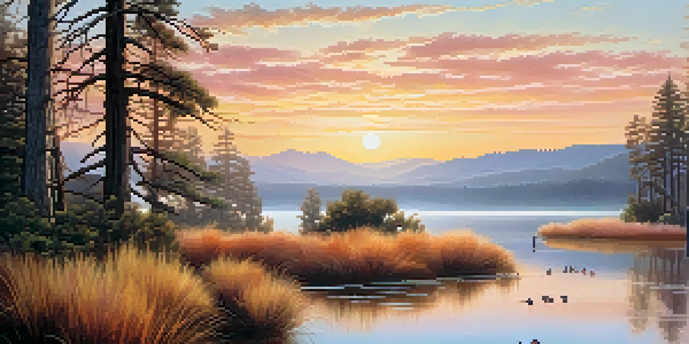 A peaceful view of Big Bear Lake at sunrise, featuring California Quails foraging in the grass.