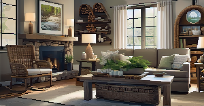 A warm and inviting living room filled with handcrafted wooden furniture, nature-inspired décor, and local artwork.