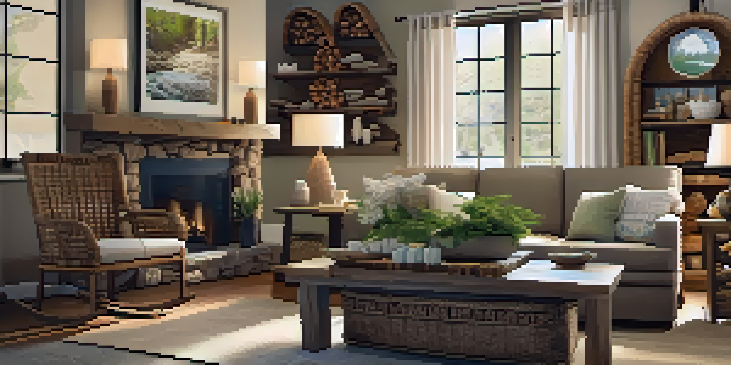 A warm and inviting living room filled with handcrafted wooden furniture, nature-inspired décor, and local artwork.