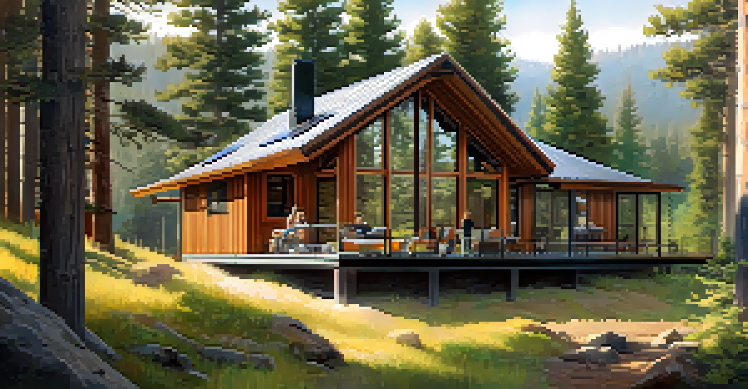 An eco-friendly cabin in Big Bear surrounded by pine trees, showcasing large windows and a green roof, with a family on the porch.