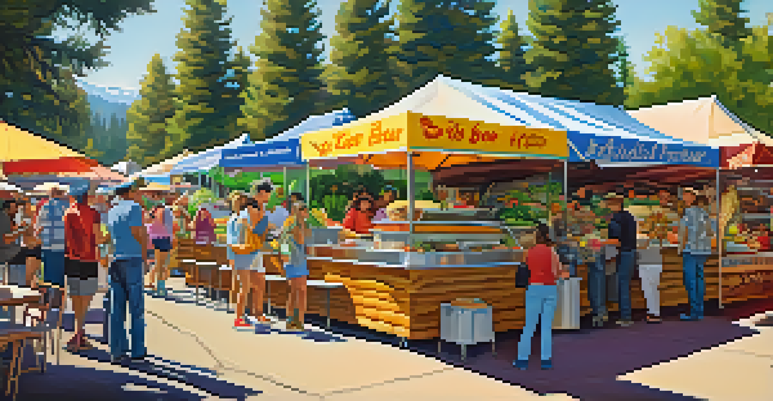 Food stalls at a summer music festival, featuring diverse culinary options and a lively atmosphere filled with people enjoying their meals.