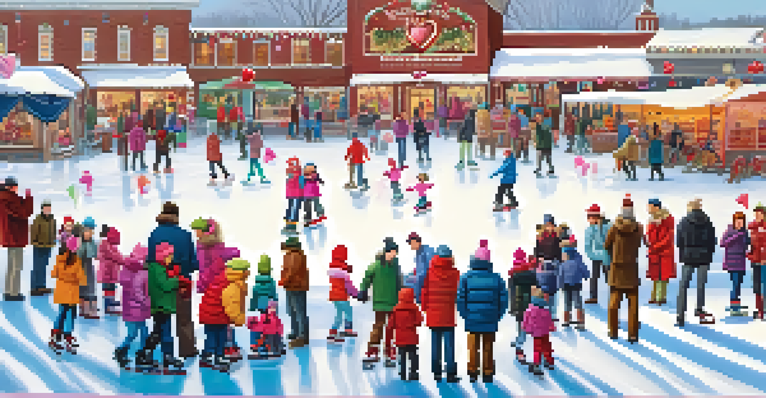 Families ice skating at the Valentine's Day Festival with colorful decorations and local vendors in the background.