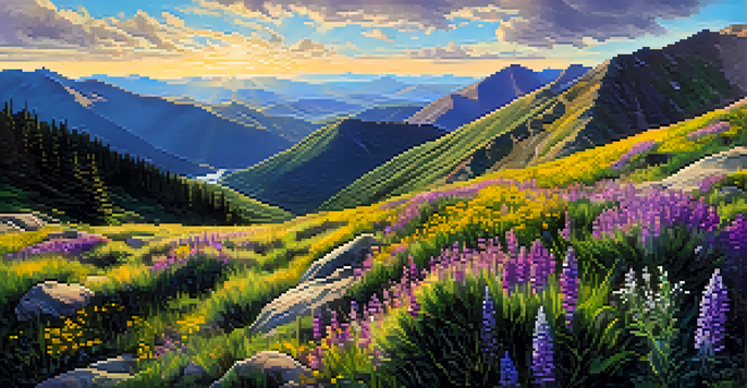 A panoramic view from the summit of Grays Peak Trail with green mountains, wildflowers, and a clear blue sky.