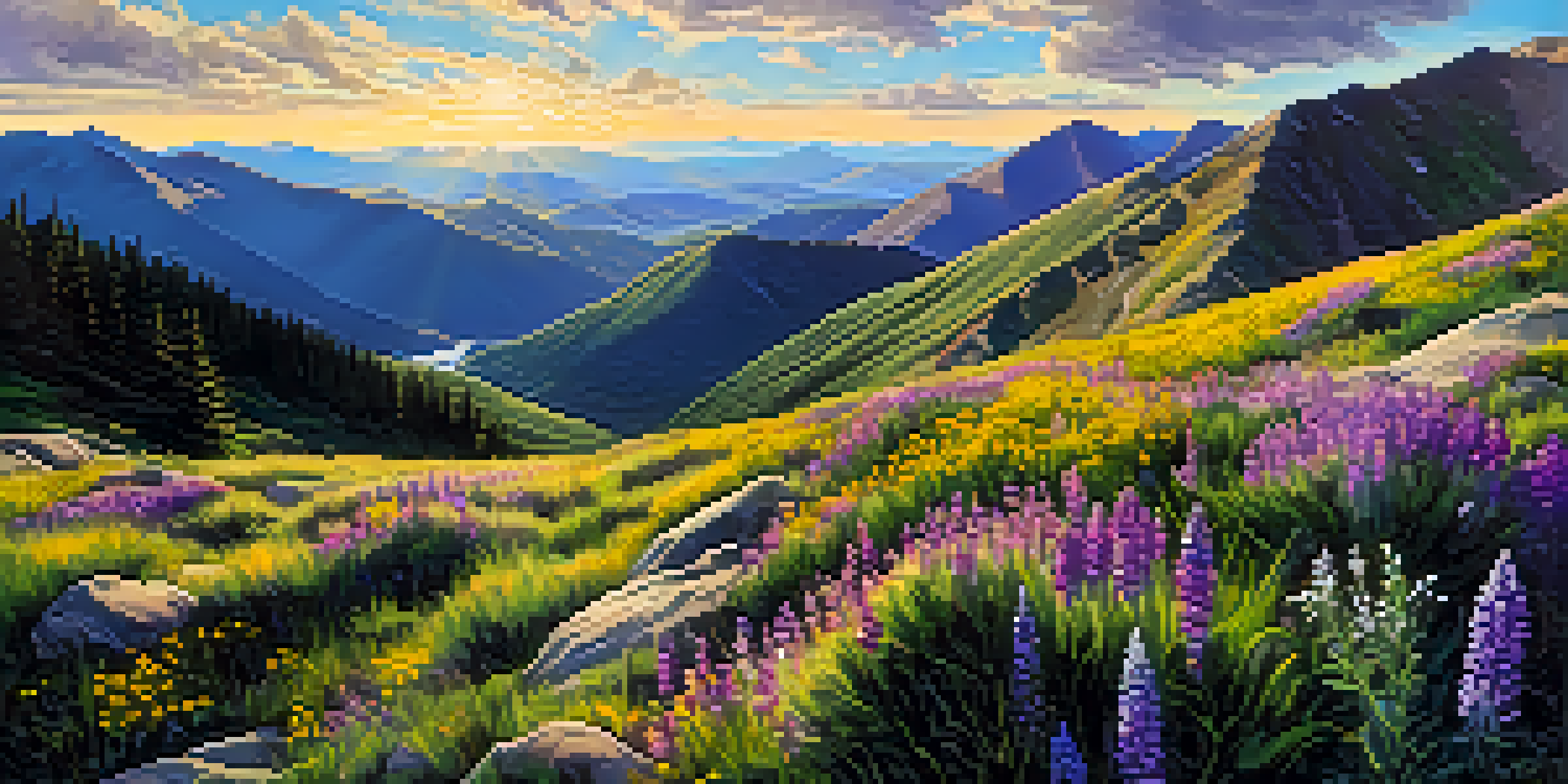 A panoramic view from the summit of Grays Peak Trail with green mountains, wildflowers, and a clear blue sky.