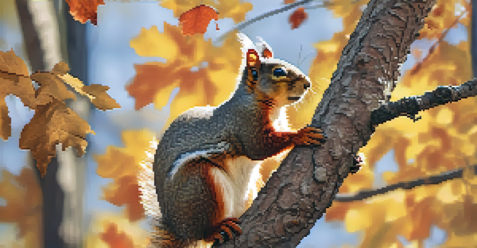 A curious squirrel on a tree branch with autumn leaves in the background, illuminated by sunlight filtering through the trees.