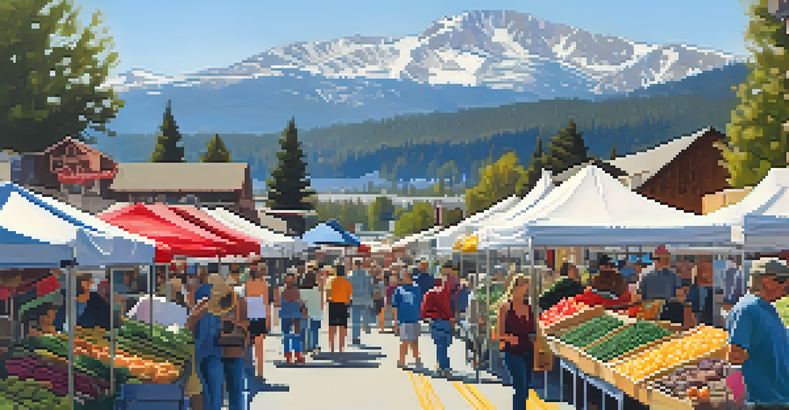 A lively outdoor farmers' market with colorful stalls of fresh produce and local crafts, set against mountain scenery in Big Bear.