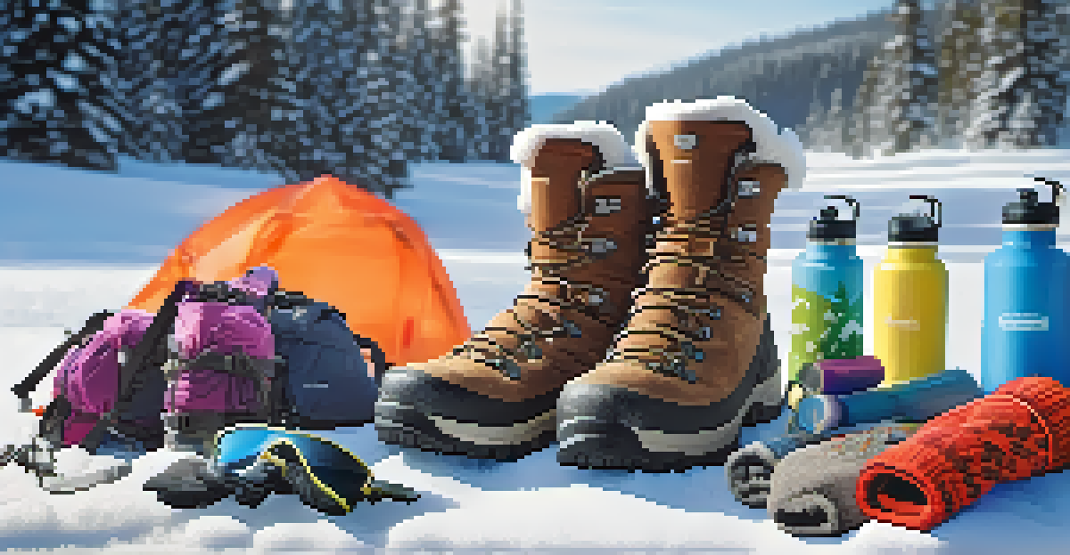 Close-up of winter hiking gear including boots, gloves, and a water bottle on a snowy surface.