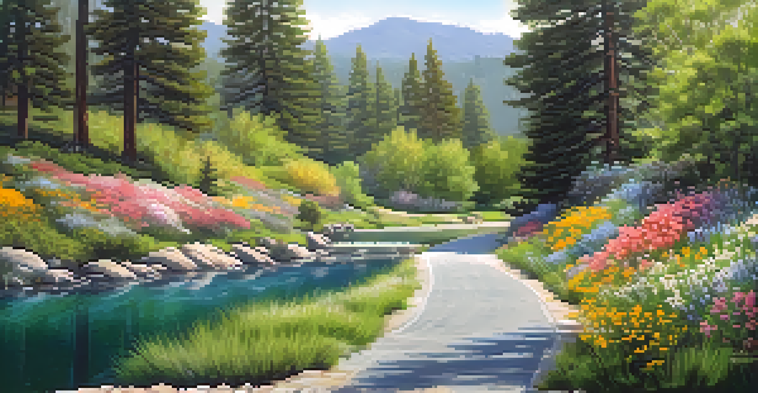 A peaceful spring view of Lake Arrowhead Drive with blooming wildflowers and a serene lake surrounded by mountains.