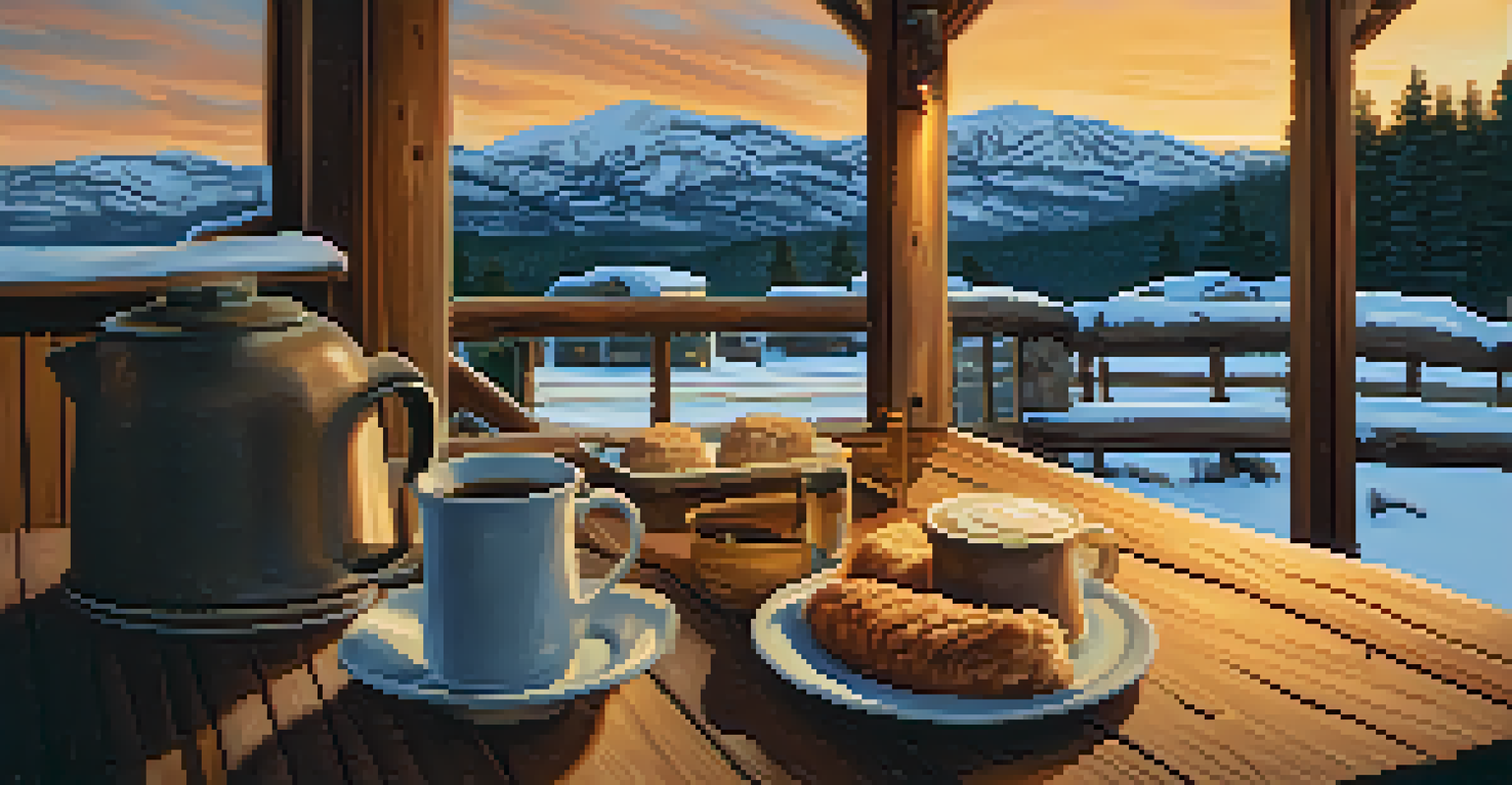 A rustic cabin in Big Bear at sunset with a table of comfort food outside and snow surrounding the scene.